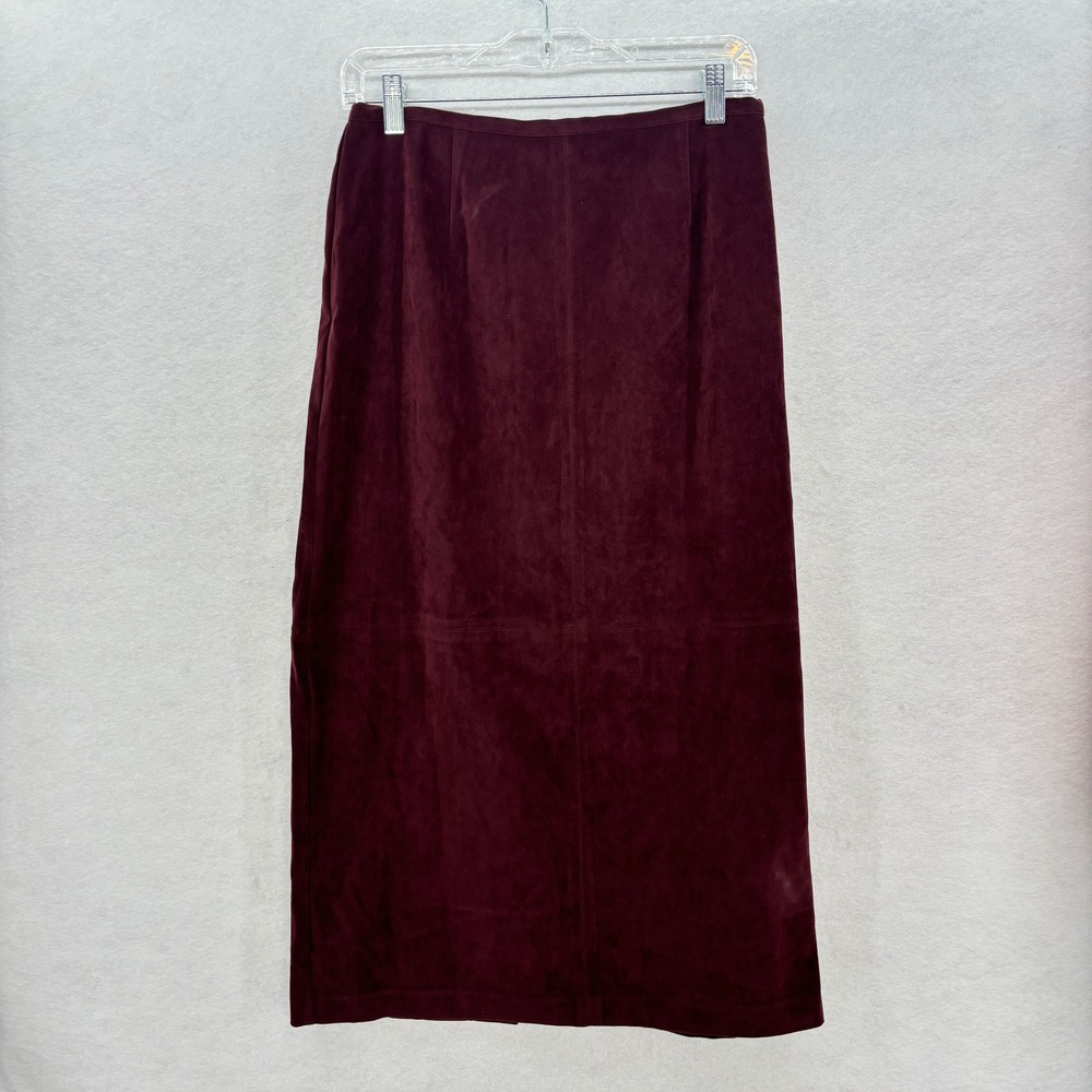 NORTON MCNAUGHTON PETITE Burgundy Suede Straight Midi Skirt Size 10P Indie Retro